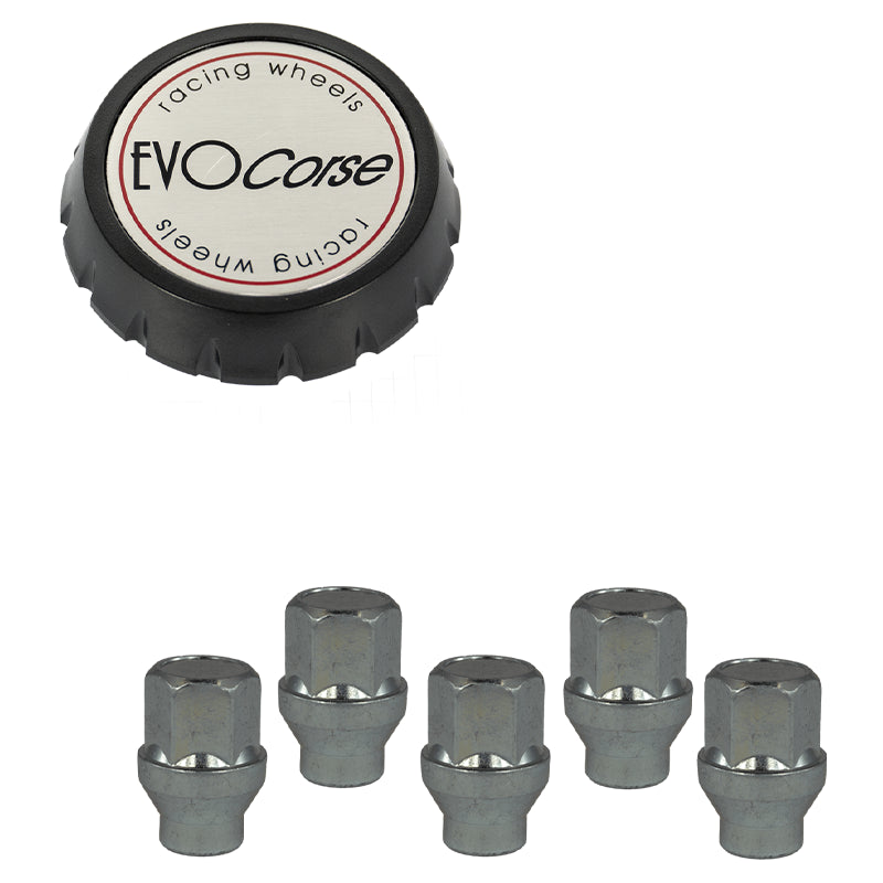 Evocorse - Fixing kit: 1 high hubcap in black plastic (C100), 1 Evocorse brushed badge (L31), 5 lug nuts M14x1,50 (D5 white zinc.)
