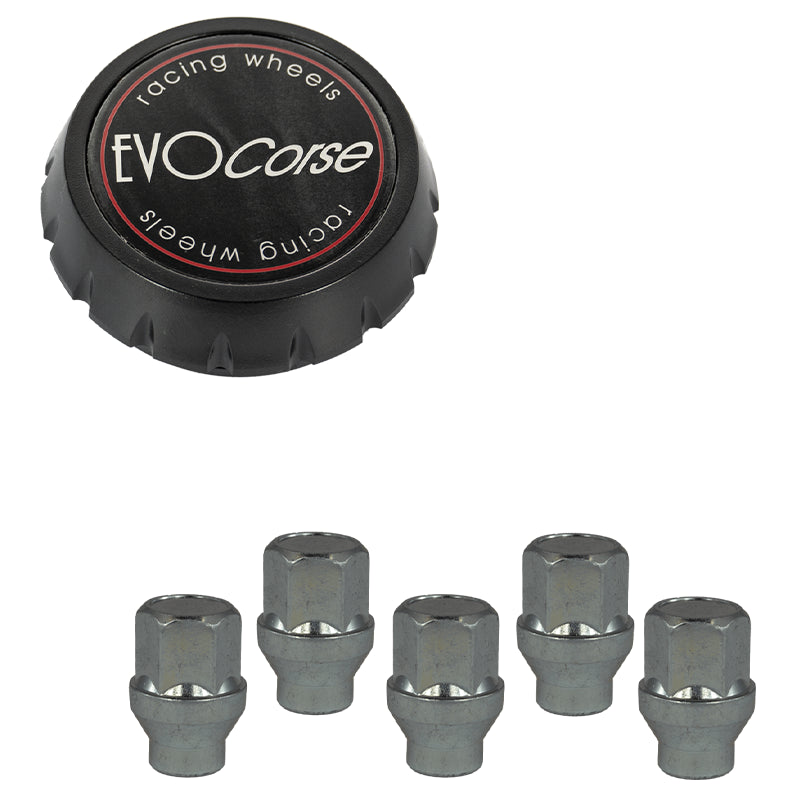 Evocorse - Fixing kit: 1 high hubcap in black plastic (C100), 1 Evocorse matt black badge (L32), 5 lug nuts M14x1,50 (D5 white zinc.)