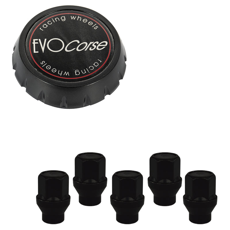 Evocorse - Fixing kit: 1 high hubcap in black plastic (C100), 1 Evocorse matt black badge (L32), 5 lug nuts M14x1,50 (D5-ZN - black zinc.)