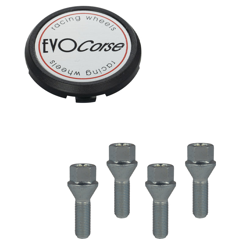 Evocorse - Fixing kit: 1 hubcap (C120), 1 Evocorse brushed badge (L50), 4 screws M12x1.25 (027)