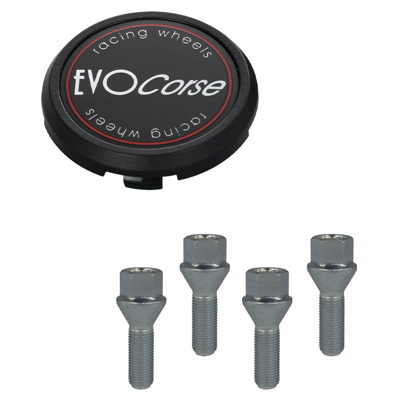 Evocorse - Fixing kit: 1 hubcap (C120), 1 Evocorse matt black badge (L51), 4 screws M12x1.25 (027)
