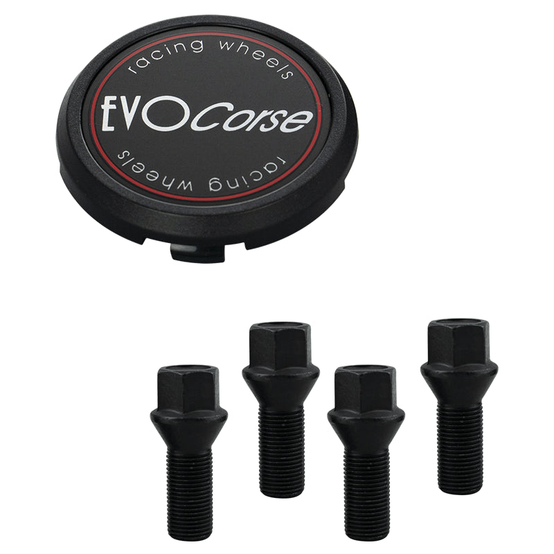 Evocorse - Fixing kit: 1 hubcap (C120), 1 Evocorse matt black badge (L51), 4 black screws M12x1.25 (027-ZN)