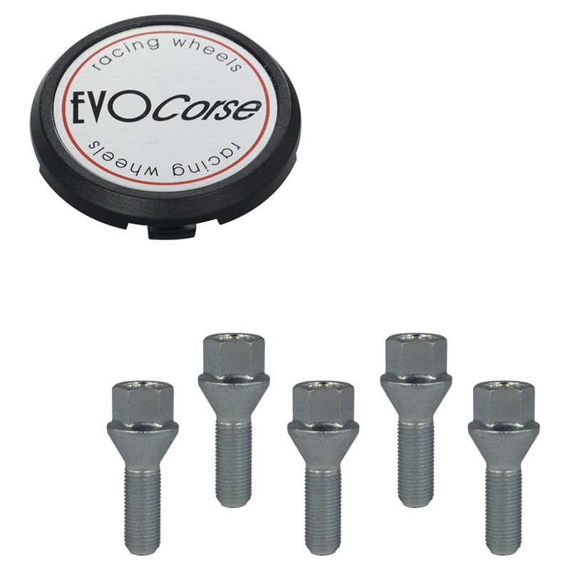 Evocorse - Fixing kit: 1 hubcap (C120), 1 Evocorse brushed badge (L50), 5 screws M12x1.25 (027)
