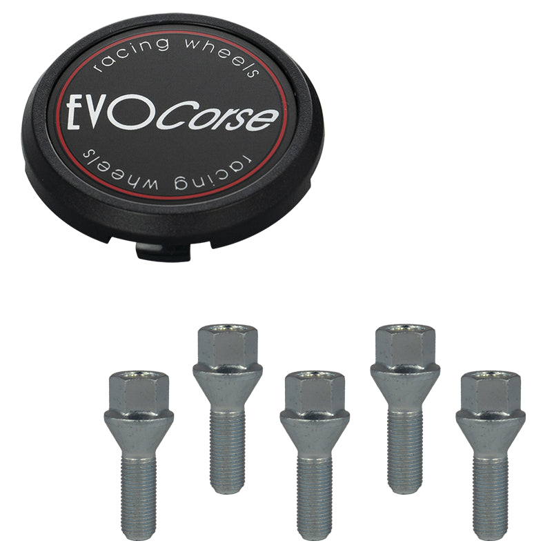 Evocorse - Fixing kit: 1 hubcap (C120), 1 Evocorse matt black badge (L51), 5 screws M12x1.25 (027)