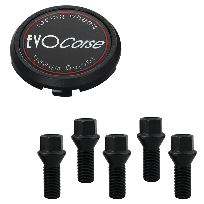 Evocorse - Fixing kit: 1 hubcap (C120), 1 Evocorse matt black badge (L51), 5 black screws M12x1.25 (027-ZN)