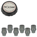 Evocorse - Fixing kit: 1 high hubcap in black plastic (C100), 1 Evocorse brushed badge (L31), 6 closed lug nuts with shank M12x1.5 (D40 - white zinc.)