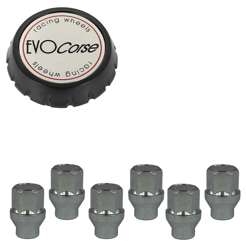 Evocorse - Fixing kit: 1 high hubcap in black plastic (C100), 1 Evocorse brushed badge (L31), 6 closed lug nuts with shank M12x1.5 (D40 - white zinc.)