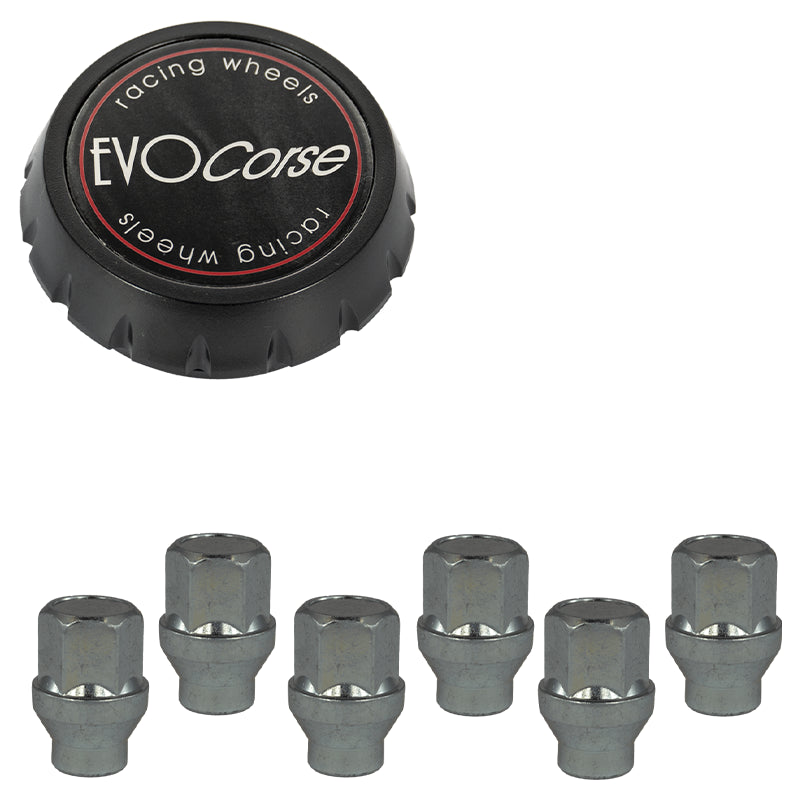 Evocorse - Fixing kit: 1 high hubcap in black plastic (C100), 1 Evocorse matt black badge (L32), 6 closed lug nuts with shank M12x1.5 (D40 - white zinc.)