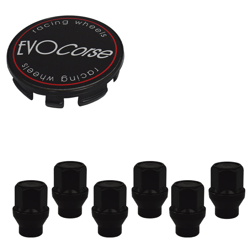 Evocorse - Fixing kit: 1 hubcap (C10), 1 Evocorse matt black badge (L11),  6 lug nuts M14x1.5 (D13-ZN black zinc)