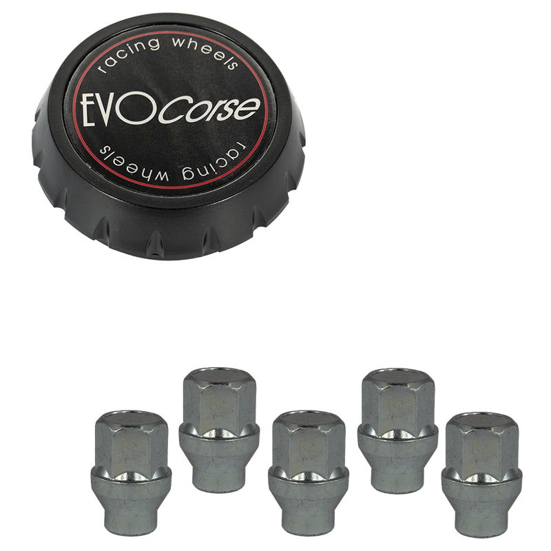 Evocorse - Fixing kit: 1 hubcap (C100), 1 Evocorse matt black badge (L32), 5 nuts 1/2 UNF H34 CH19 (zinc.white)