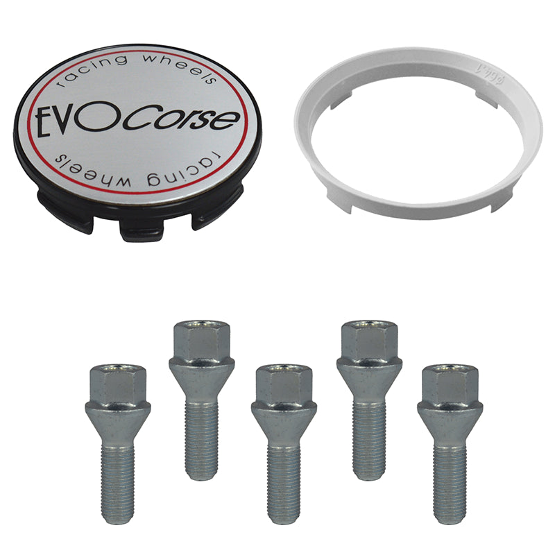 Evocorse - Fixing kit: 1 hubcap (C10), 1 Evocorse brushed badge (L10), 5 lug nuts M14x1,5 (zinc.white)(C19D30), 1 plastic hub centric ring 67,1/66,1