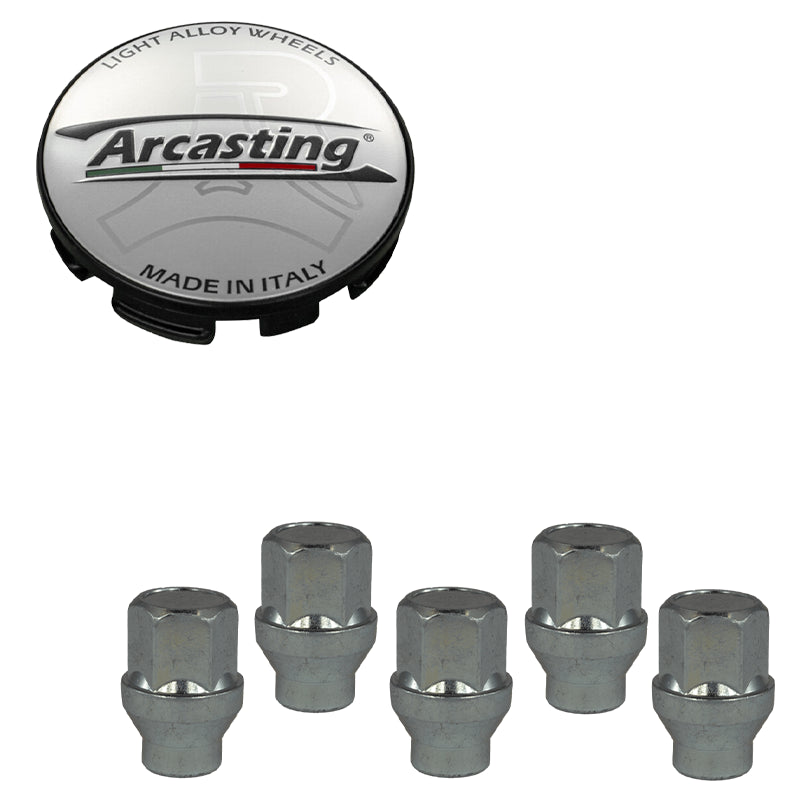 Evocorse - Fixing kit: 1 hubcap (C11), 1 Arcasting brushed badge (L12), 5 closed lug nuts with shank M12x1.25 (047)