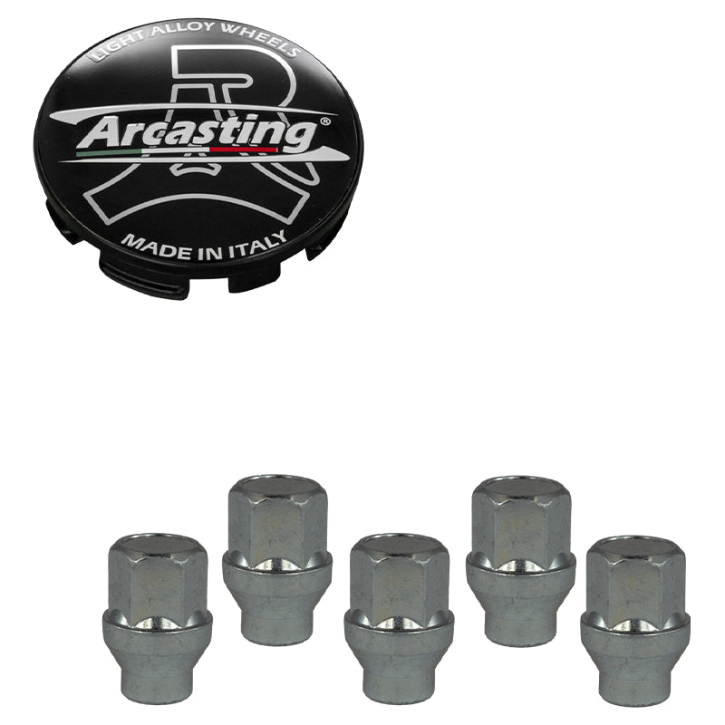 Evocorse - Fixing kit: 1 hubcap (C11), 1 Arcasting matt black badge (L13), 5 closed lug nuts with shank M12x1.25 (047)