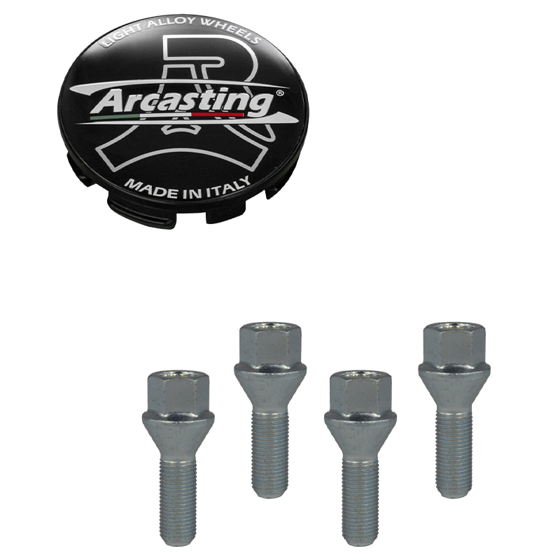 Evocorse - Fixing kit: 1 hubcap (C11), 1 Arcasting matt black badge (L13), 4 lug bolts M12x1.25 (027)