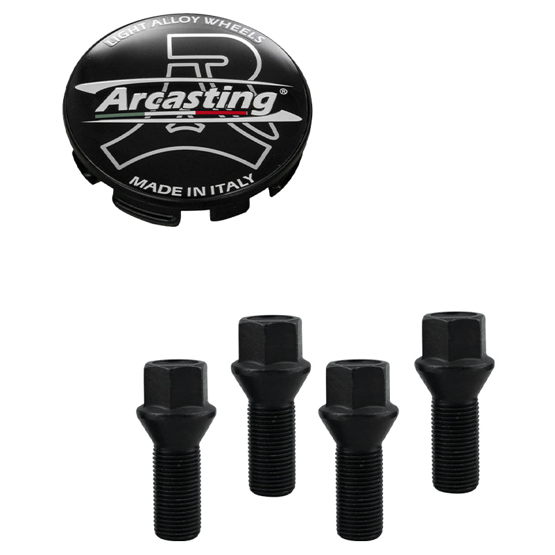 Evocorse - Fixing kit: 1 hubcap (C11), 1 Arcasting matt black badge (L13), 4 black lug bolts M12x1.25 (027-ZNNI)