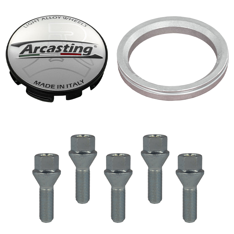 Evocorse - Fixing kit: 1 hubcap (C11), 1 Arcasting brushed badge (L12), 5 lug bolts M14x1.50 (028), 1 aluminum hub centric ring 75/57.1