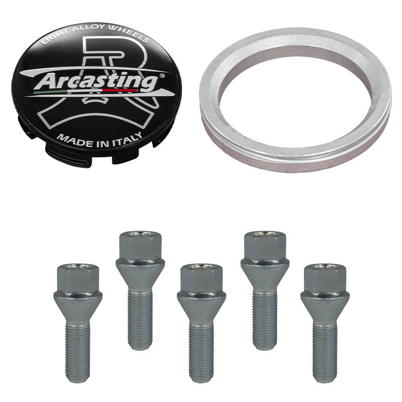 Evocorse - Fixing kit: 1 hubcap (C11), 1 Arcasting matt black badge (L13), 5 lug bolts M14x1.50 (028), 1 aluminum hub centric ring 75/57.1