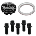 Evocorse - Fixing kit: 1 hubcap (C11), 1 Arcasting matt black badge (L13), 5 matt black lug bolts M14x1.50 (028-ZNNI), 1 aluminum hub centric ring 75/57.1