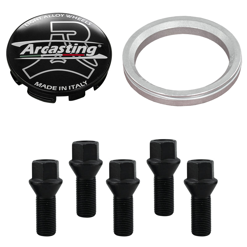 Evocorse - Fixing kit: 1 hubcap (C11), 1 Arcasting matt black badge (L13), 5 matt black lug bolts M14x1.50 (028-ZNNI), 1 aluminum hub centric ring 75/57.1