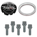 Evocorse - Fixing kit: 1 hubcap (C11), 1 Arcasting matt black badge (L13), 4 lug bolts M14x1.25(C17F27), 1 aluminum hub centric ring 75/66.6