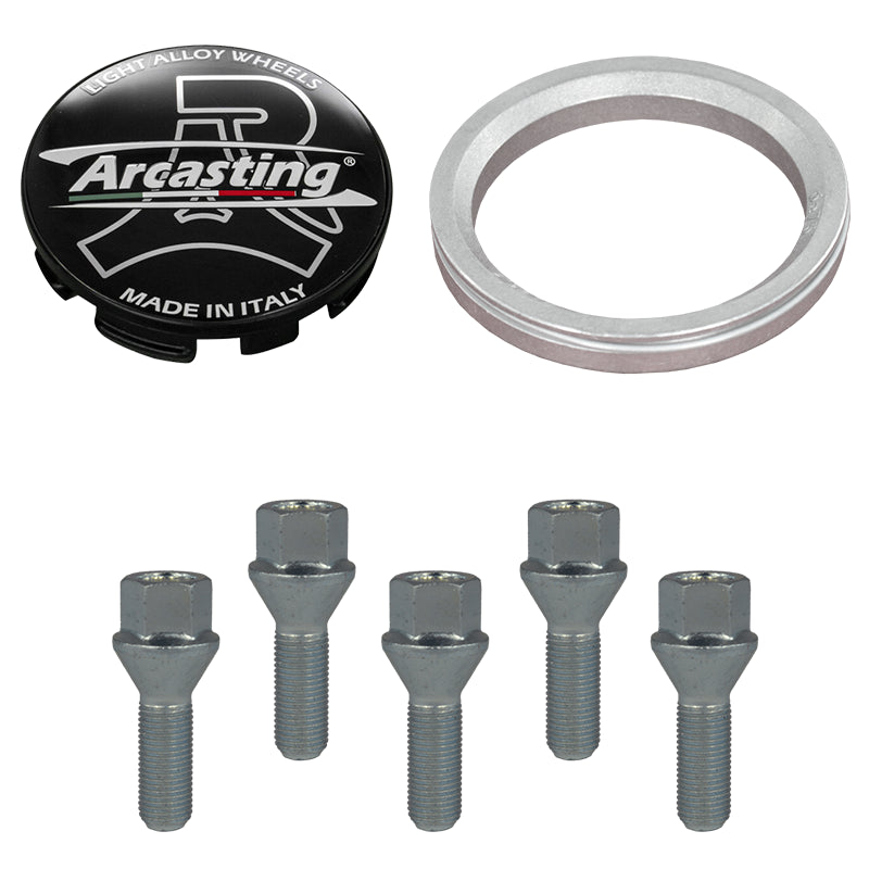 Evocorse - Fixing kit: 1 hubcap (C11), 1 Arcasting matt black badge (L13), 4 lug bolts M14x1.25(C17F27), 1 aluminum hub centric ring 75/66.6