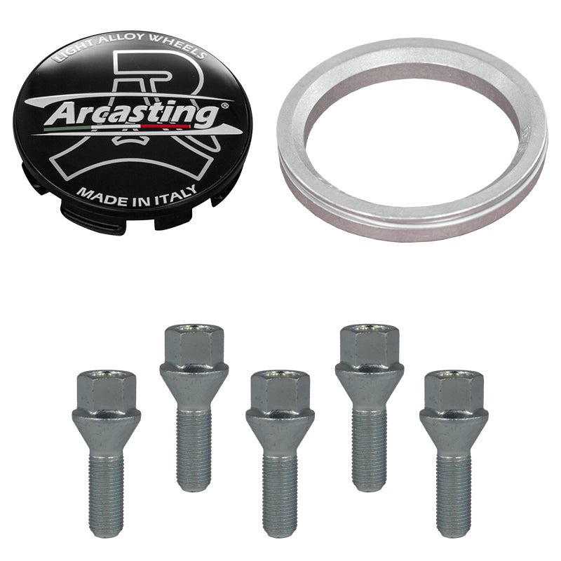 Evocorse - Fixing kit: 1 hubcap (C11), 1 Arcasting matt black badge (L13), 5 Screws M14x1.50 L30 (028), 1 Aluminum hub centric ring 75/66.6