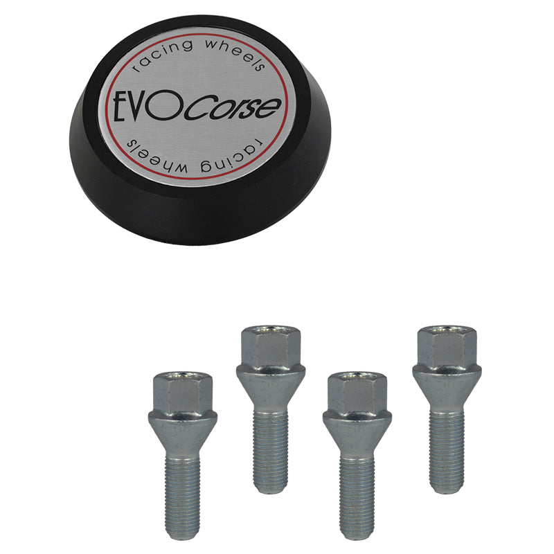 Evocorse - Fixing kit: 1 hubcap (C30), 1 Evocorse brushed badge (L50), 4 lug bolts M12x1.50 (B15)