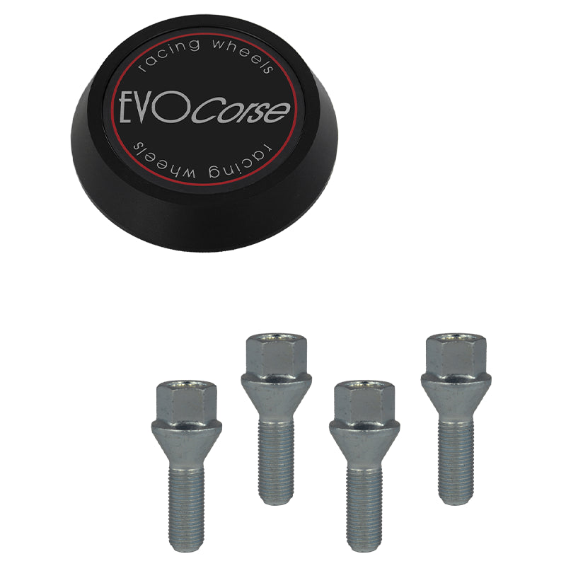 Evocorse - Fixing kit: 1 hubcap (C30), 1 Evocorse matt black badge (L51), 4 lug bolts M12x1.50 (B15)