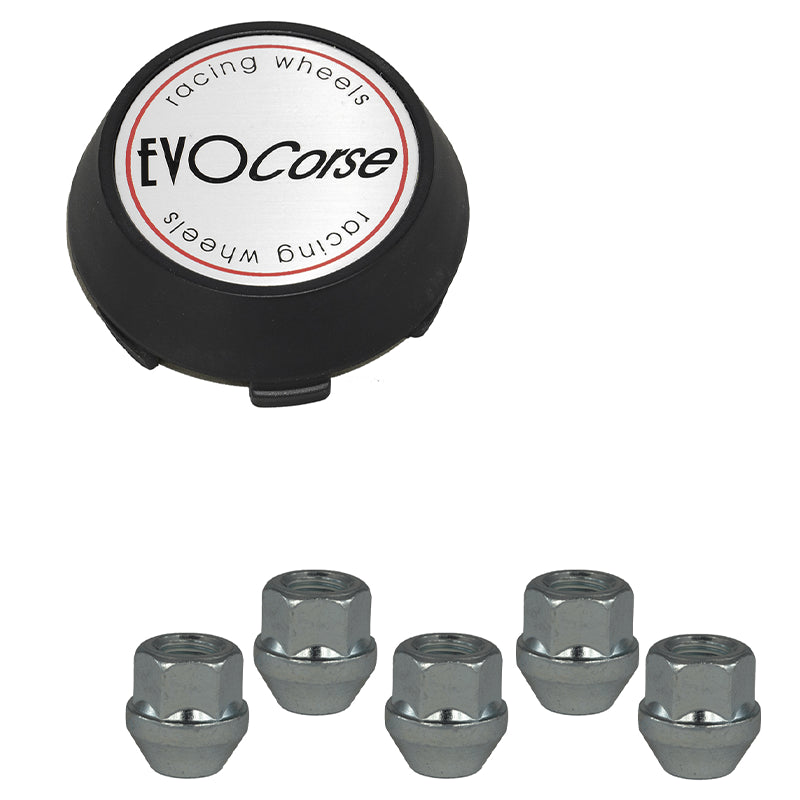 Evocorse - Fixing kit: 1 hubcap (C30), 1 Evocorse brushed badge (L50), 5 lug nuts M14x1.5 (zinc. white)(D5)