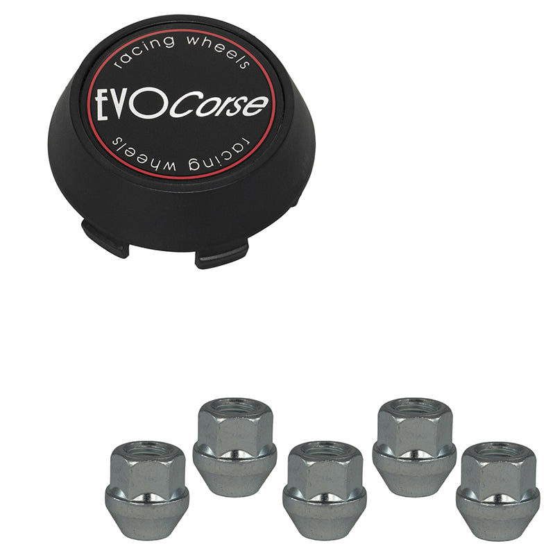 Evocorse - Fixing kit: 1 hubcap (C30), 1 Evocorse matt black badge (L51), 5 lug nut M14x1.5 (zinc. white)(D5)