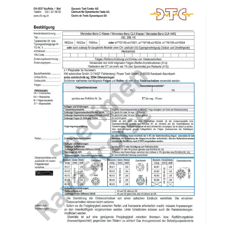 Certificato DTC PowerTech - Omologazione distanziali Svizzera