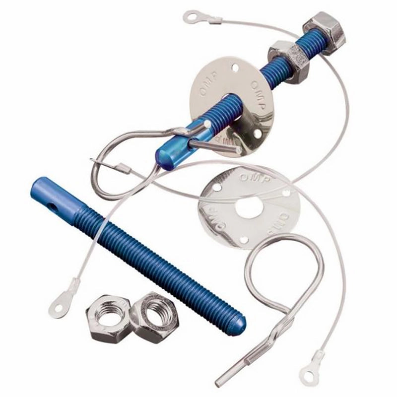 OMP - Coppia di ganci cofano in alluminio blu con perno a molla in acciaio inox
