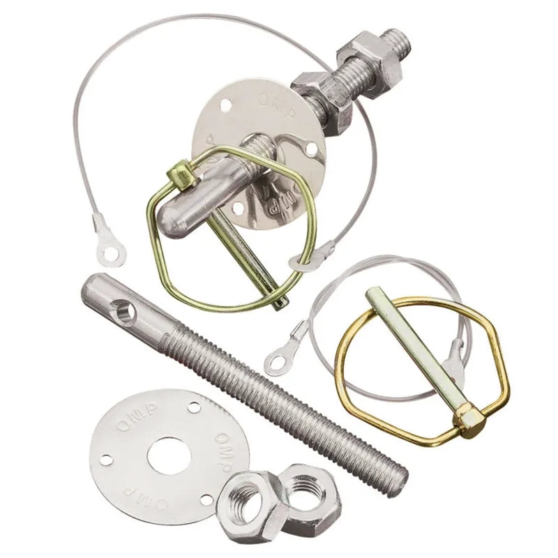 OMP - Coppia di ganci cofano in acciaio inox con anello scorrevole e supporto in alluminio