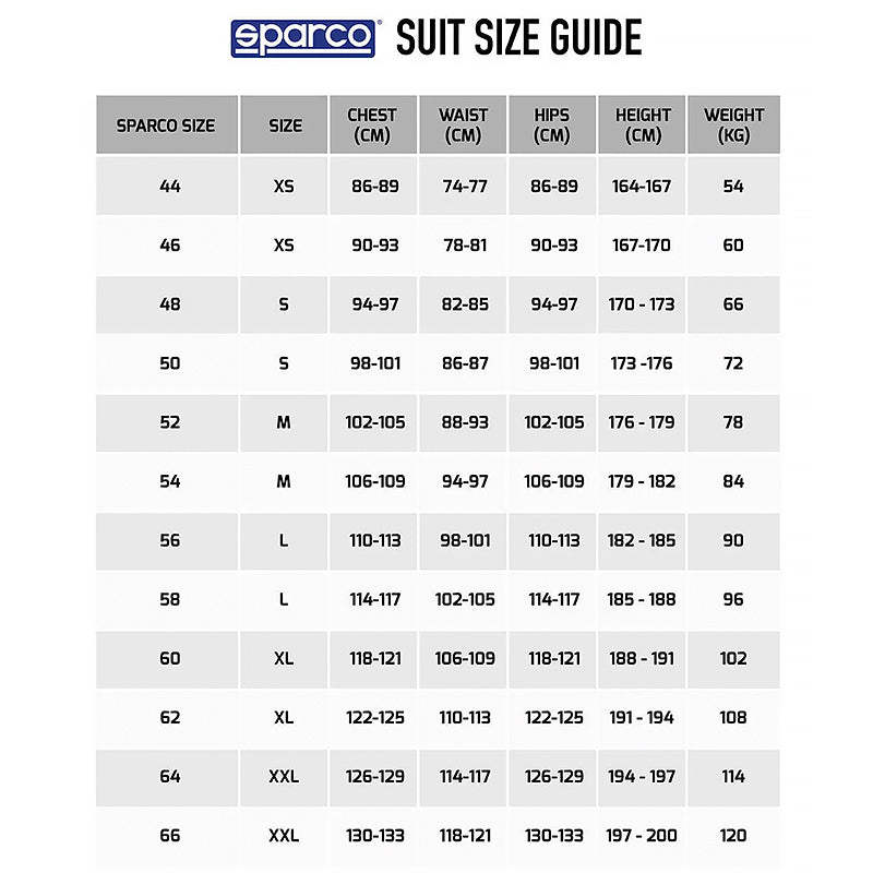 Sparco - Overall size guide